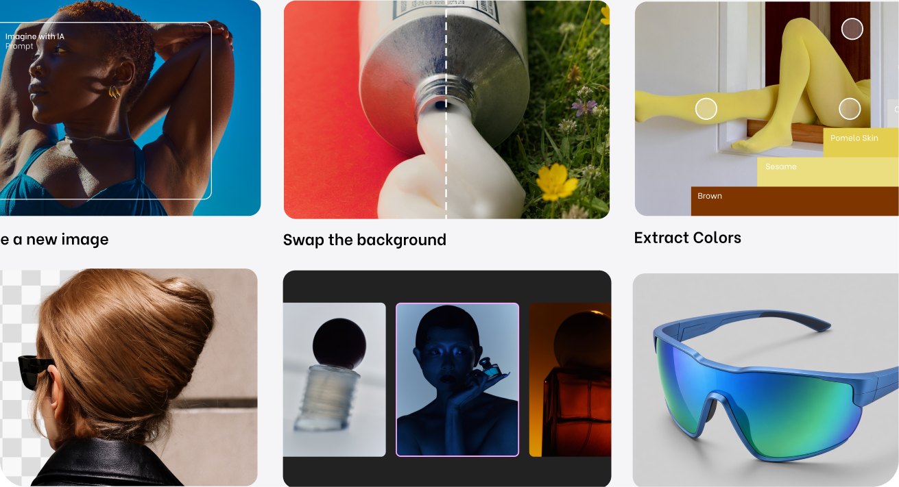 AI-powered Creator Tools: generate a new image, swap the background, extract colors, remove the background, build a moodboard, render a CAD